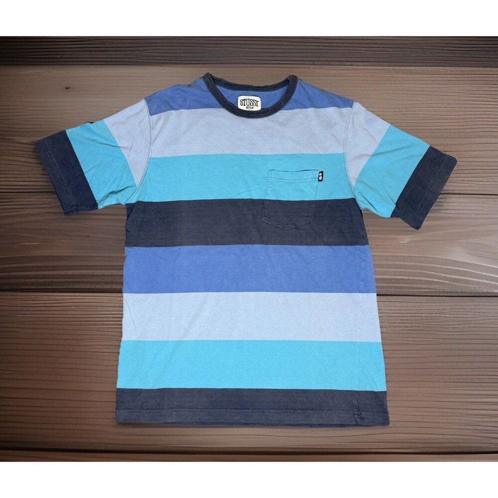 Stussy Striped Pocket T-Shirt Blue Multicolor Skate Y2K Streetwear Size Medium